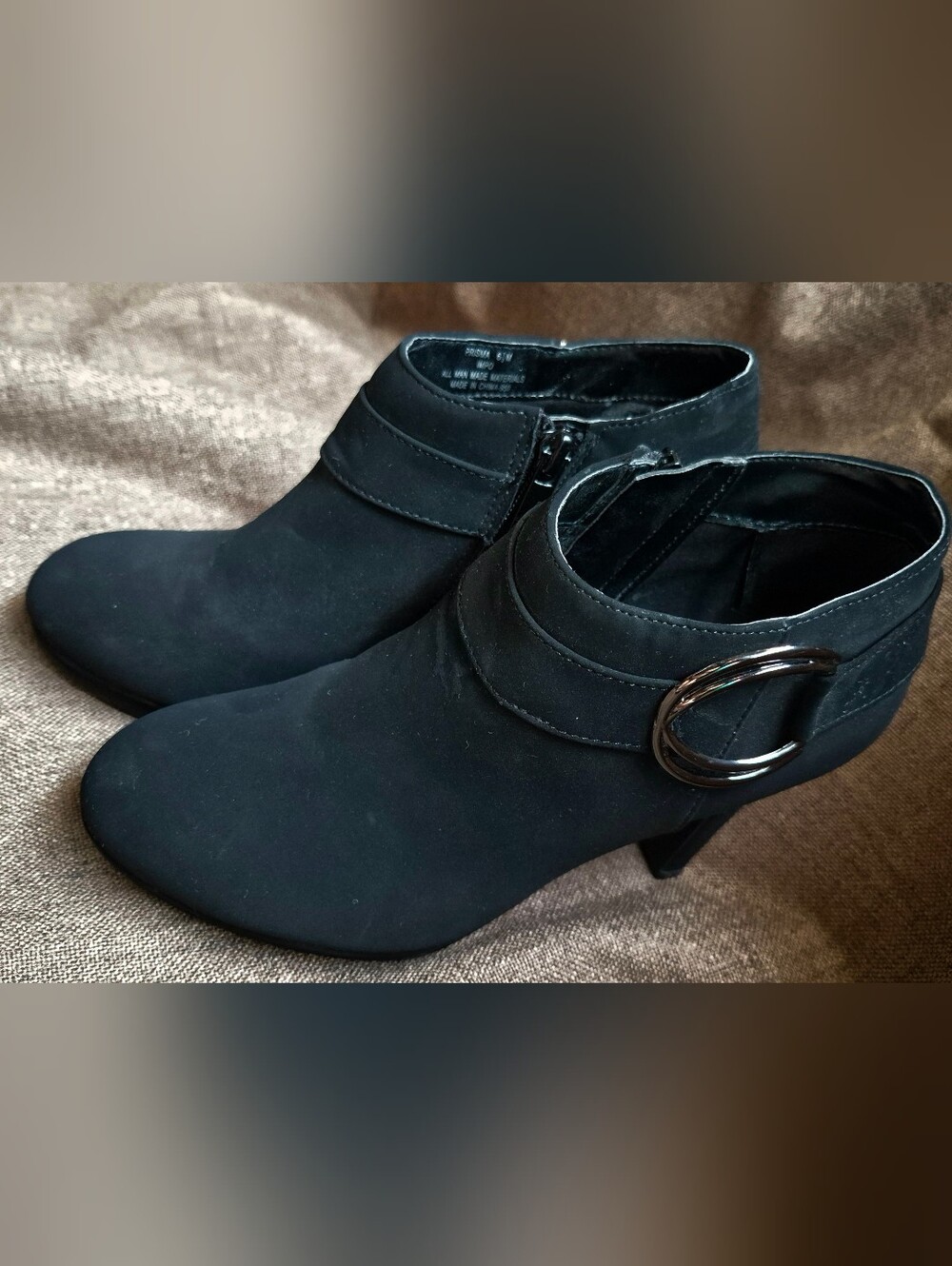 Impo Prisma Black Faux Suede Ankle Booties Buckle Heel Size 6.5